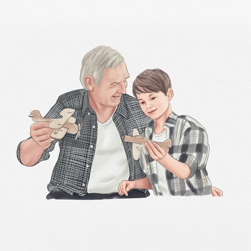 a man and boy holding wooden airplanes
