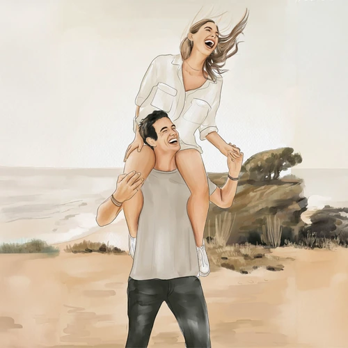 a man carrying a woman on his shoulders