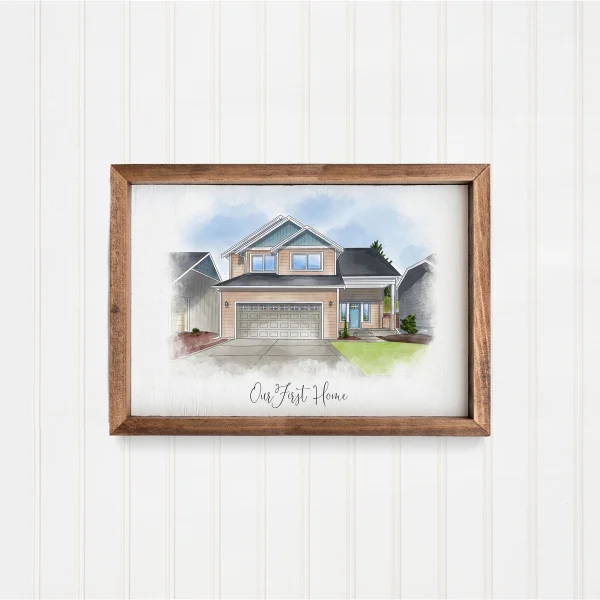 Hand-Painted House Portrait with Rustic Frame
