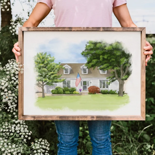 Hand-Painted House Portrait with Rustic Frame