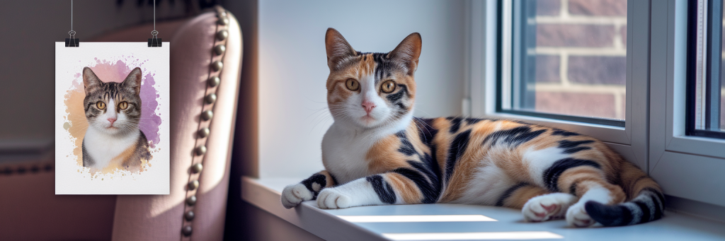 Calico cat with its custom portrait