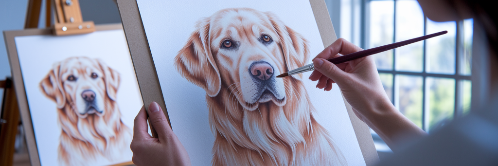 Artist painting a watercolor pet portrait.